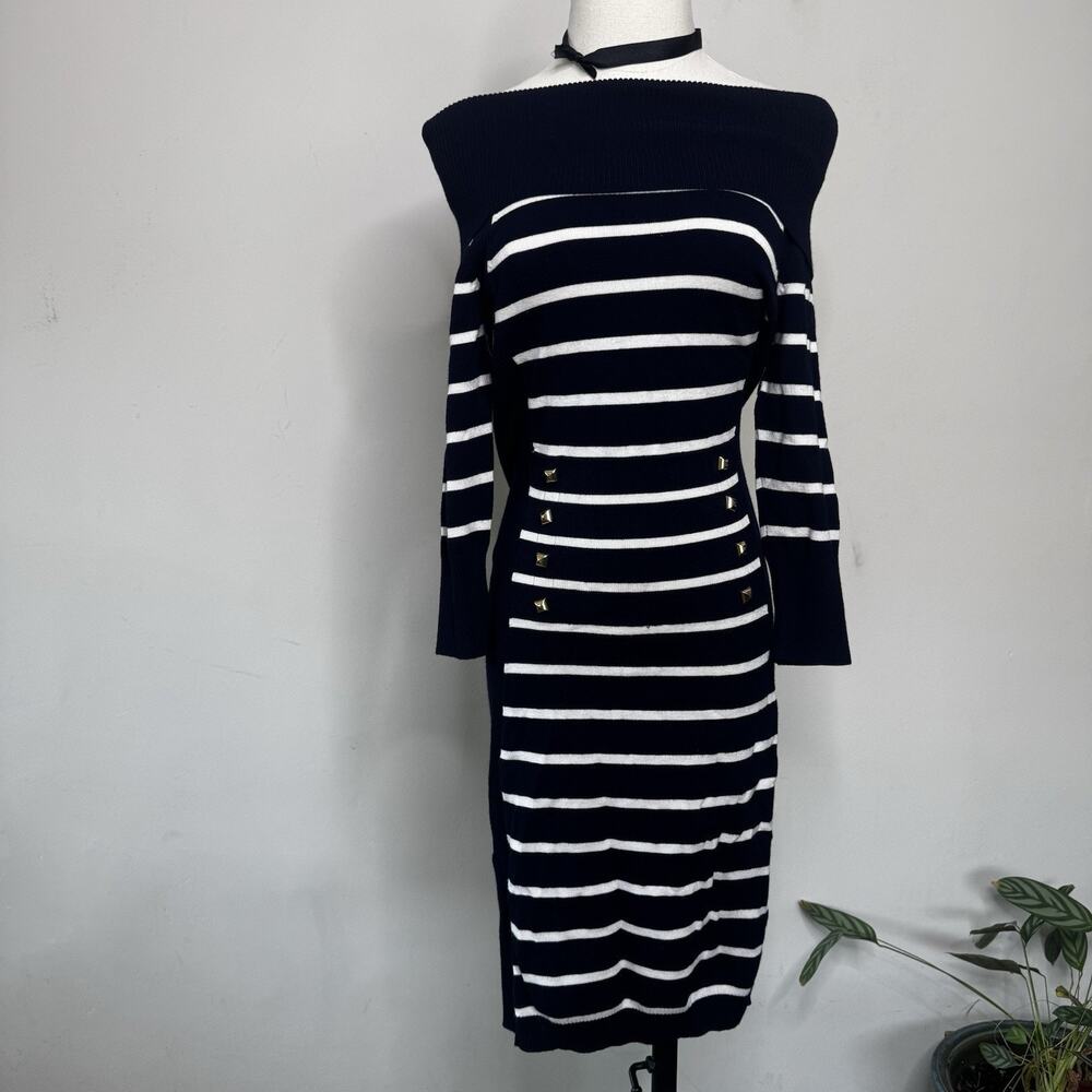 Vintage Cache Y2K Off Shoulder Ribbed Dress Navy Striped M